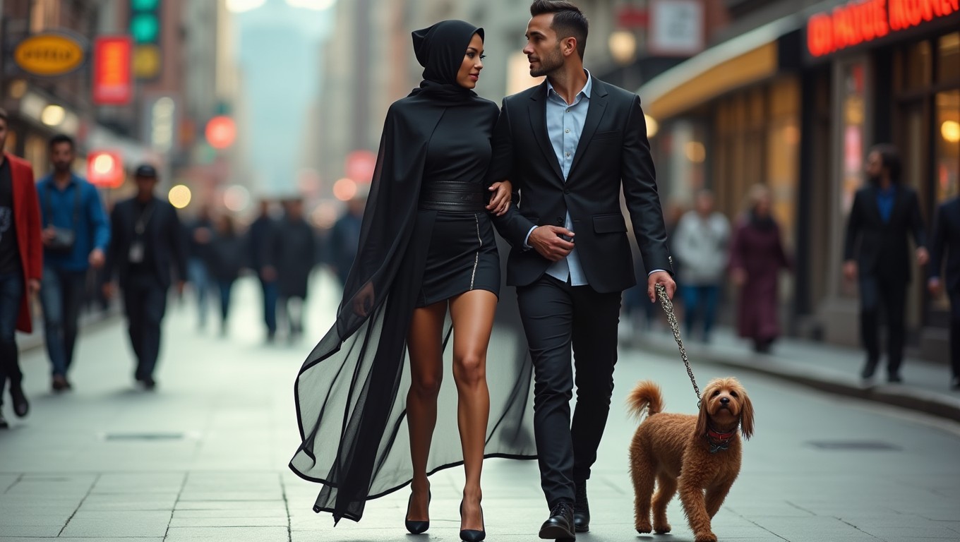 A striking urban scene featuring a confident woman in a black micro burka skirt paired with high heels
