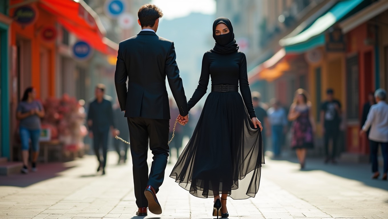 A striking scene of a confident woman in a black micro burka-style skirt and stylish high heels, gracefully walking down a bustling street