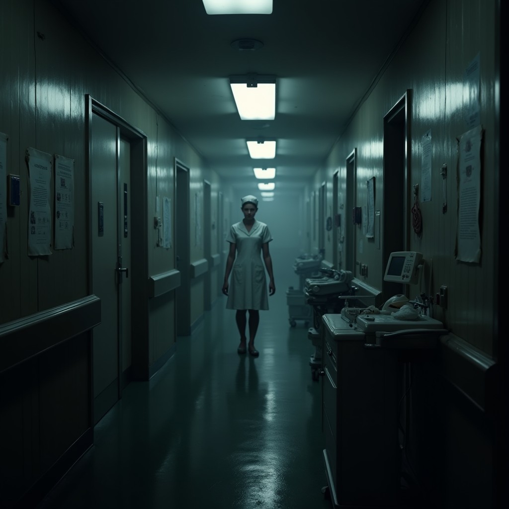 A dark, atmospheric hospital corridor with eerie lighting, shadows stretching across the walls, and medical equipment scattered