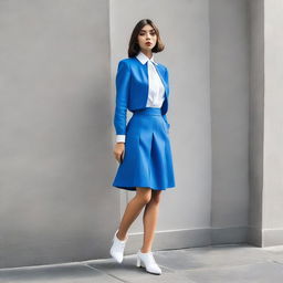 A fashionable girl dressed in a crisp blue uniform, complemented by white shoes with heels.