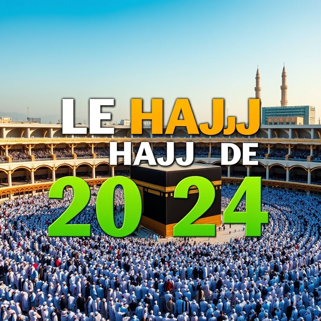 A vibrant and eye-catching YouTube thumbnail featuring the text "LE HAJJ DE 2024" prominently displayed in bold, artistic typography