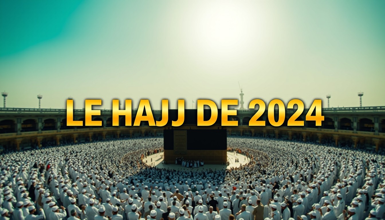 A striking YouTube thumbnail designed to attract viewers, prominently displaying the text "LE HAJJ DE 2024" in bold and appealing typography
