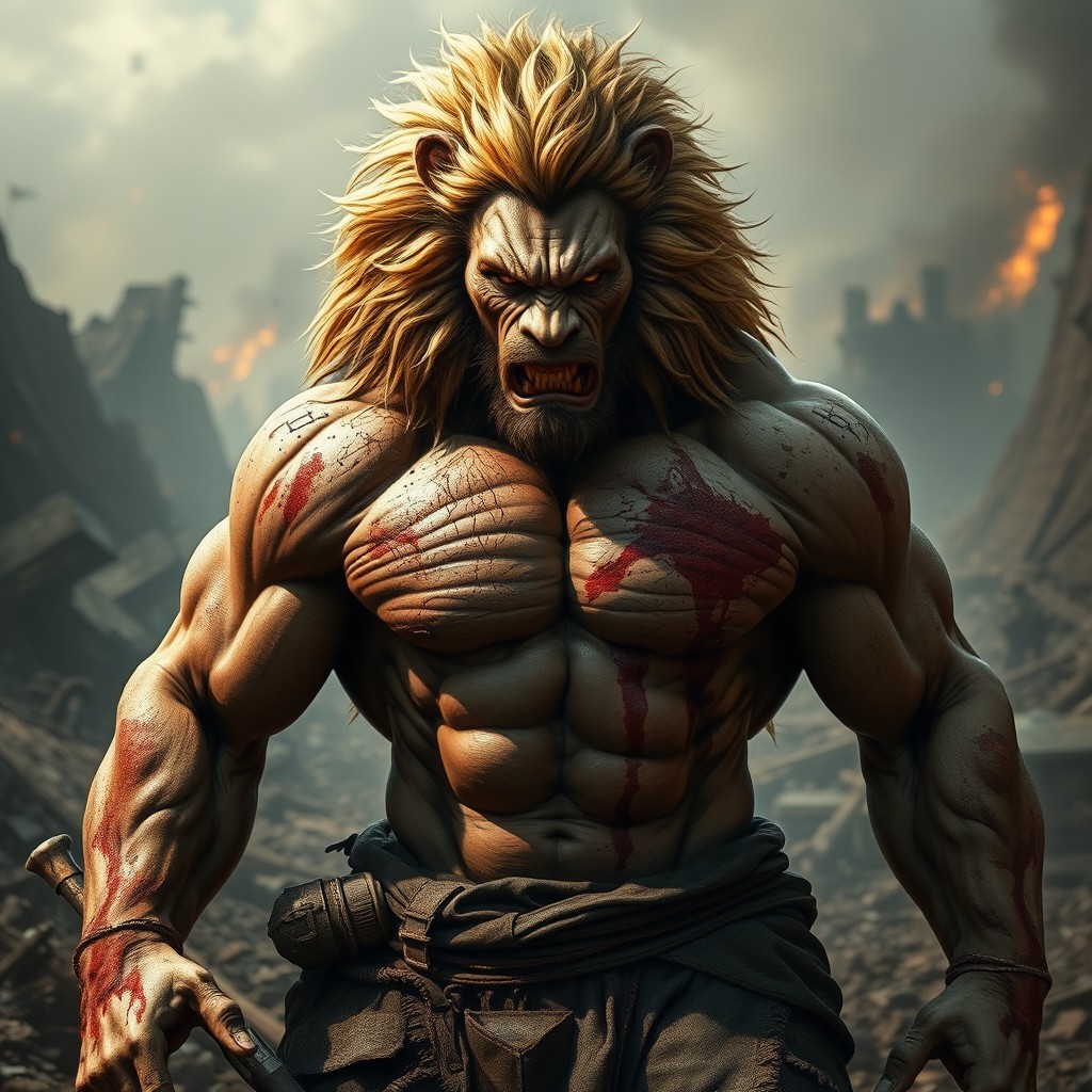 A muscular half man half lion hybrid, showcasing a powerful and fearsome presence