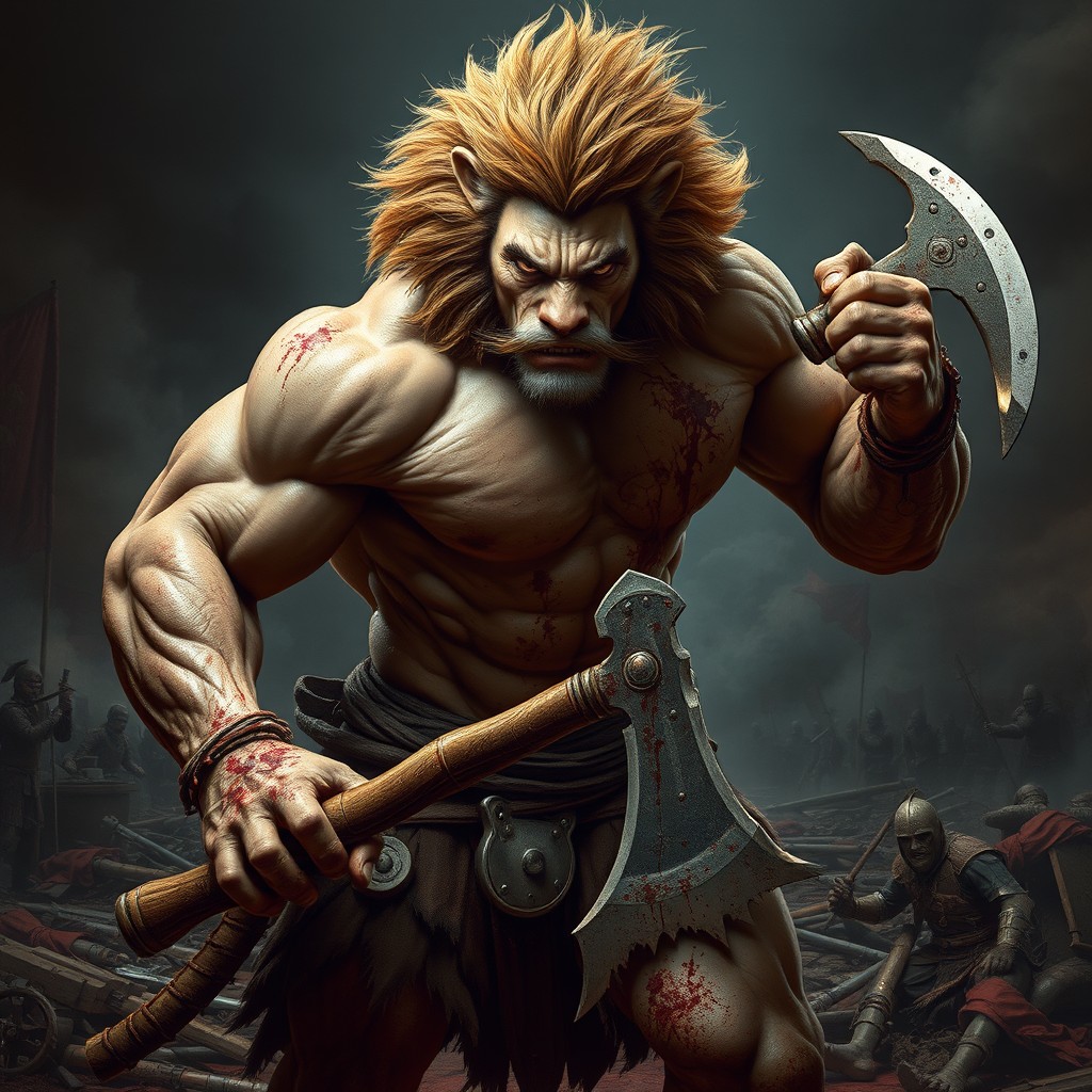 A muscular half man half lion hybrid, capturing a powerful and intimidating presence