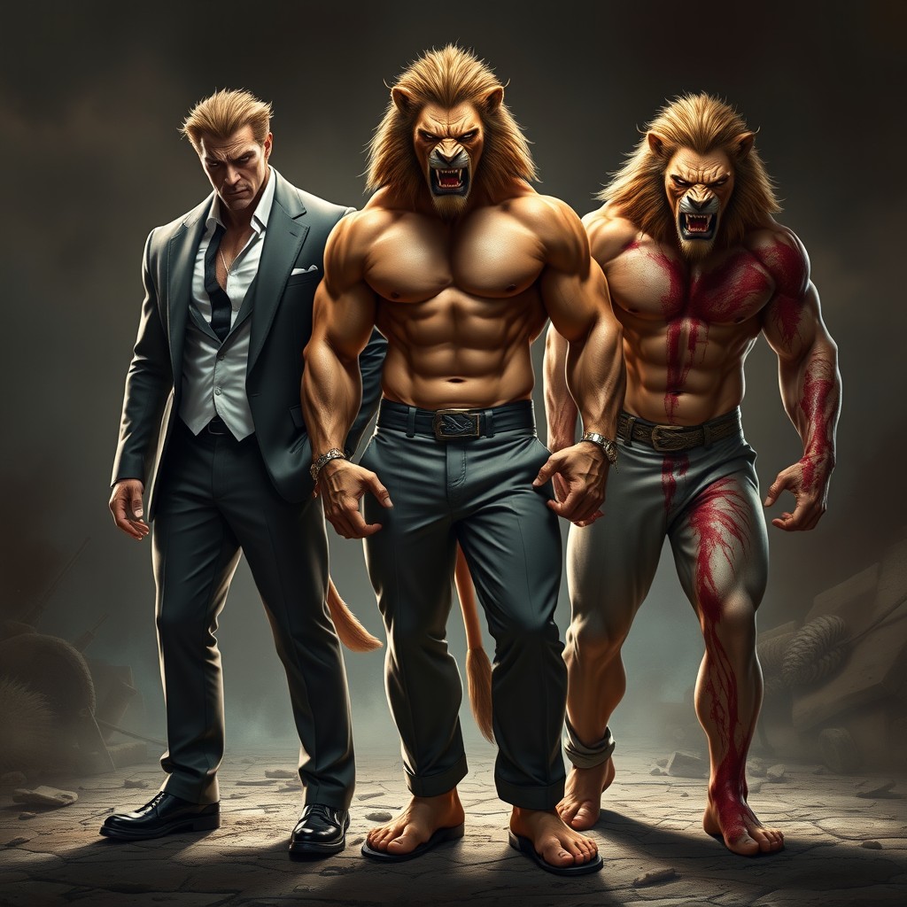 Three muscular half man half lion hybrids, each displaying unique characteristics