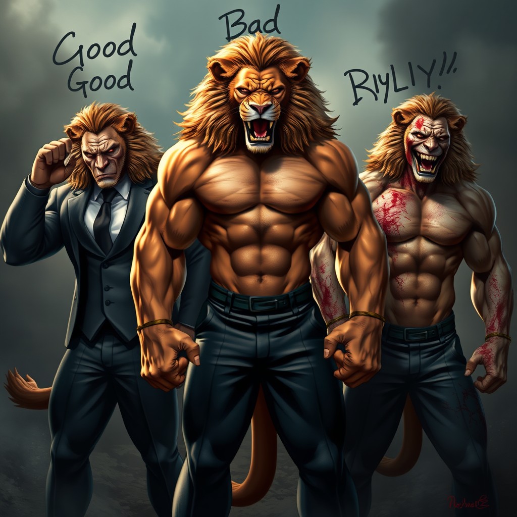 Three muscular half man half lion hybrids, each showcasing distinct features and emotional expressions