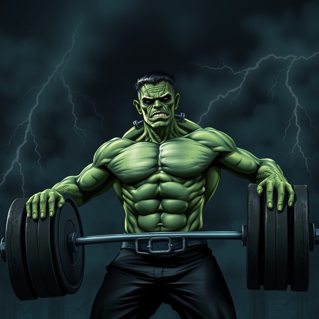A muscular Frankenstein's monster performing a deadlift in a gothic setting, showcasing his impressive physique and defined muscles