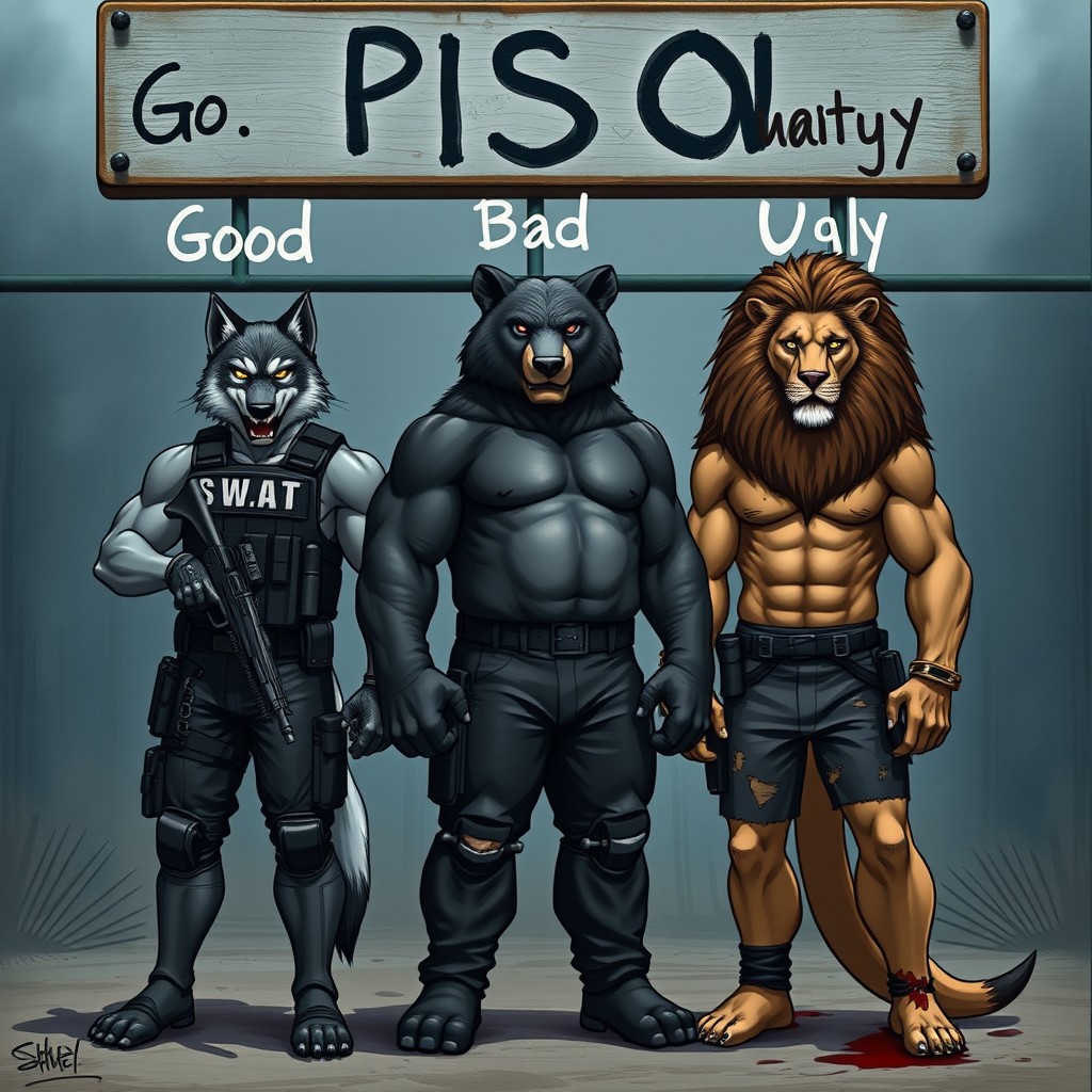 A muscular anthropomorphic wolf dressed in a black SWAT uniform, with the word 'Good' prominently written above his head