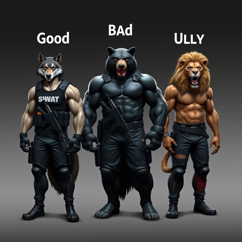 A realistic looking muscular anthropomorphic wolf in a sleek black SWAT uniform, with the word 'Good' written above his head in bold letters