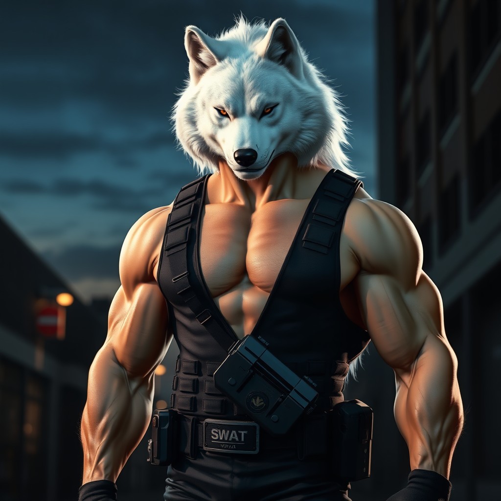 A powerful, muscular being that is half man and half white wolf, showcasing a hybrid anatomy with a strong human torso combined with majestic wolf features, including fur and wolf-like facial structure