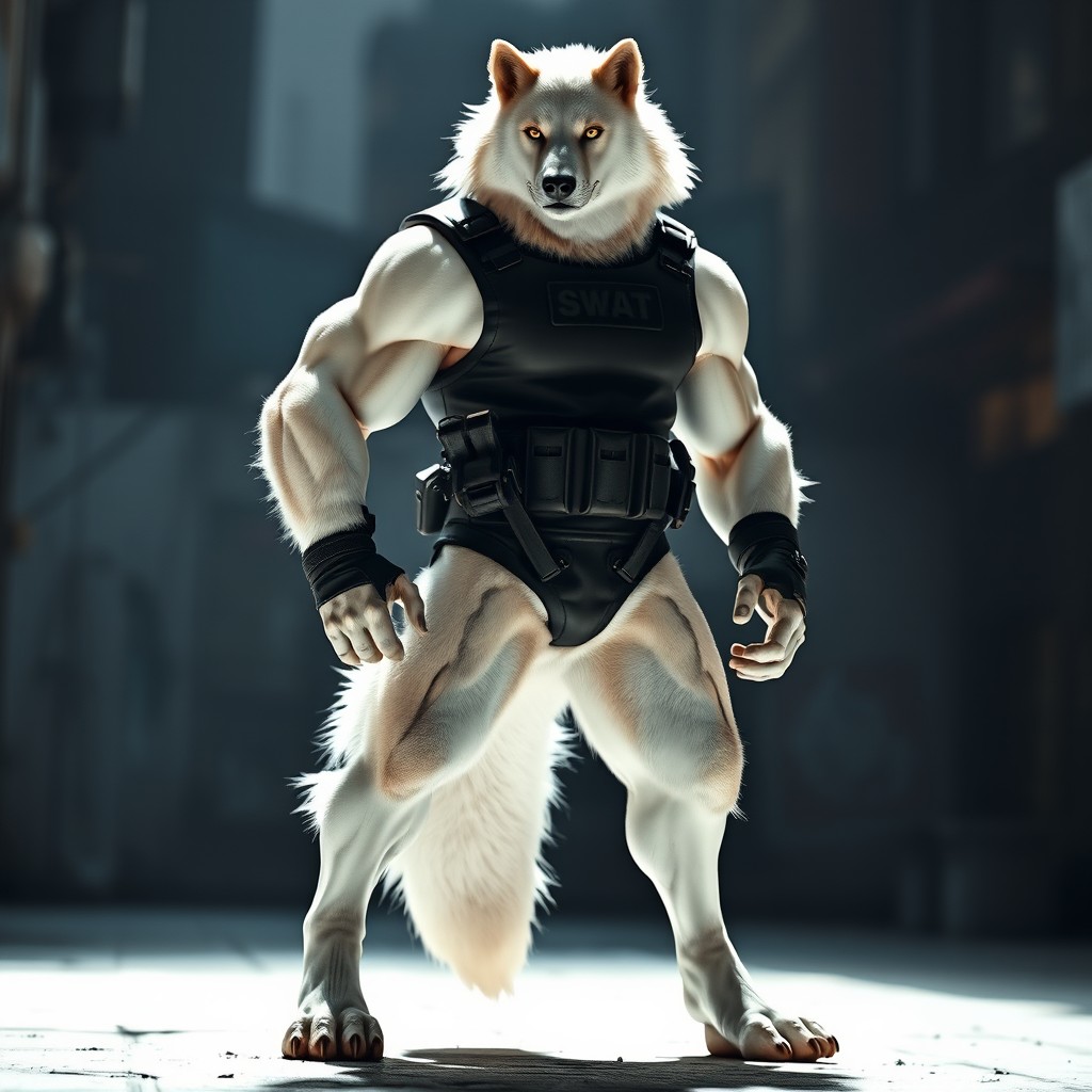 A powerful and muscular white wolf standing confidently, wearing a sleek black SWAT uniform with no sleeves that accentuates its impressive physique