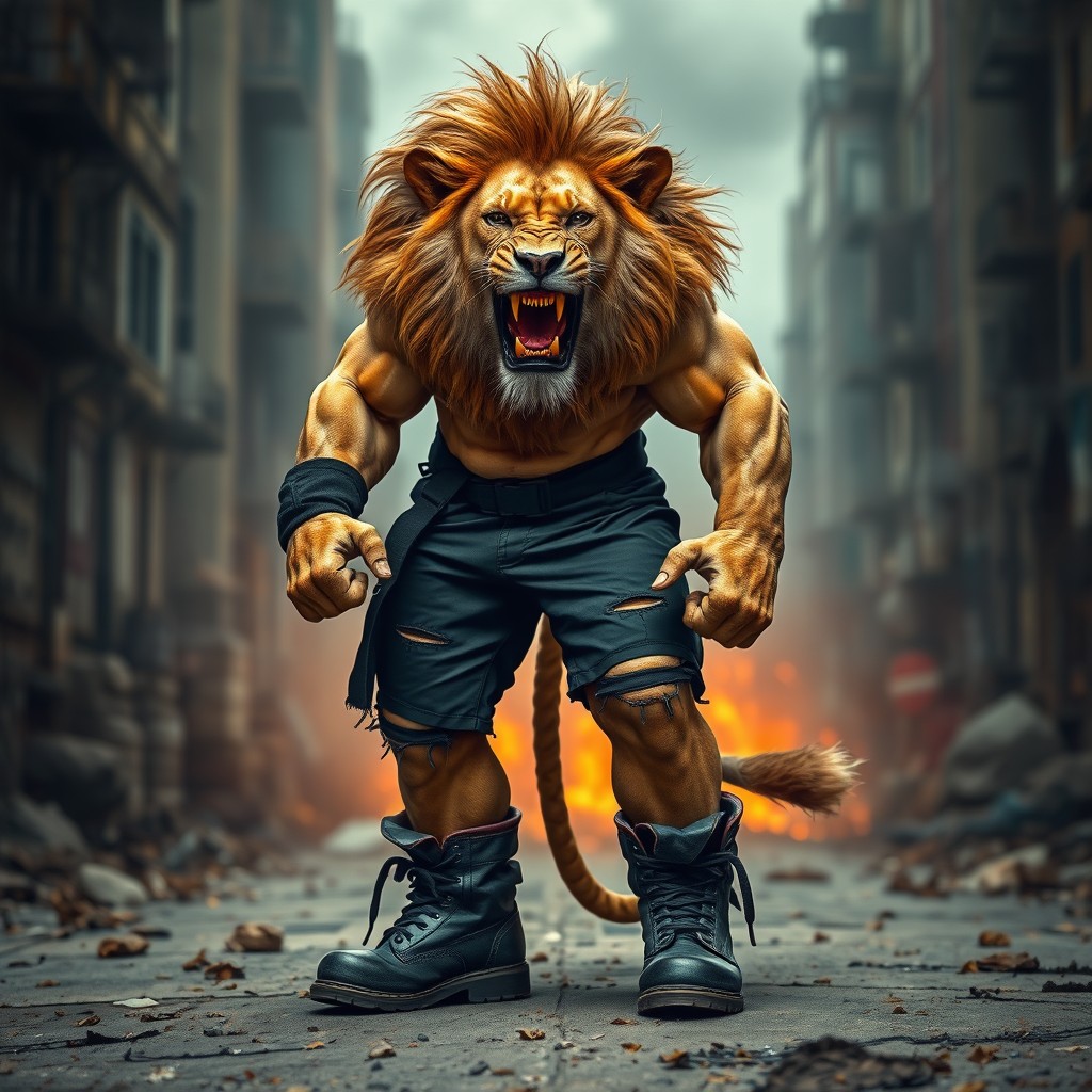 A muscular lion standing assertively, wearing torn black SWAT pants and rugged boots, which add a raw and tough aesthetic