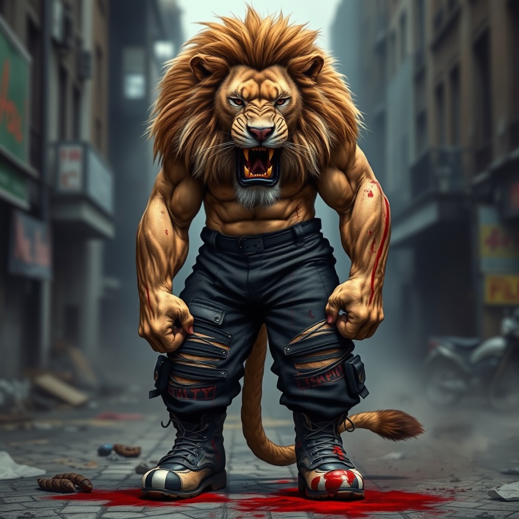 A muscular and bloody lion standing tall with a commanding presence, showcasing its powerful physique and fierce expression