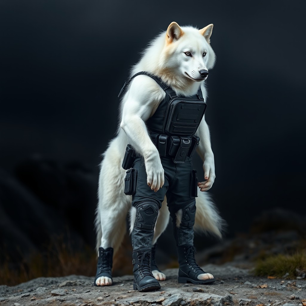 A muscular white wolf standing tall and confidently, outfitted in tactical black SWAT pants and rugged black boots