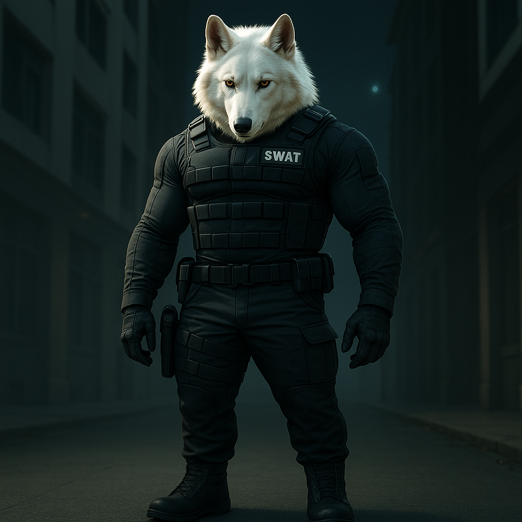 Show him with legs and and full black swat vest, pants and boots