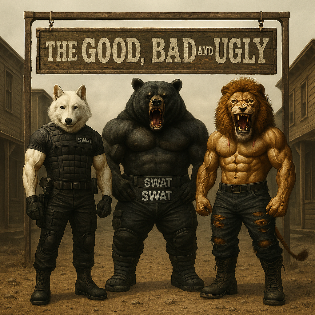 Make them standing under an old sign that says THE GOOD, BAD, an UGLY