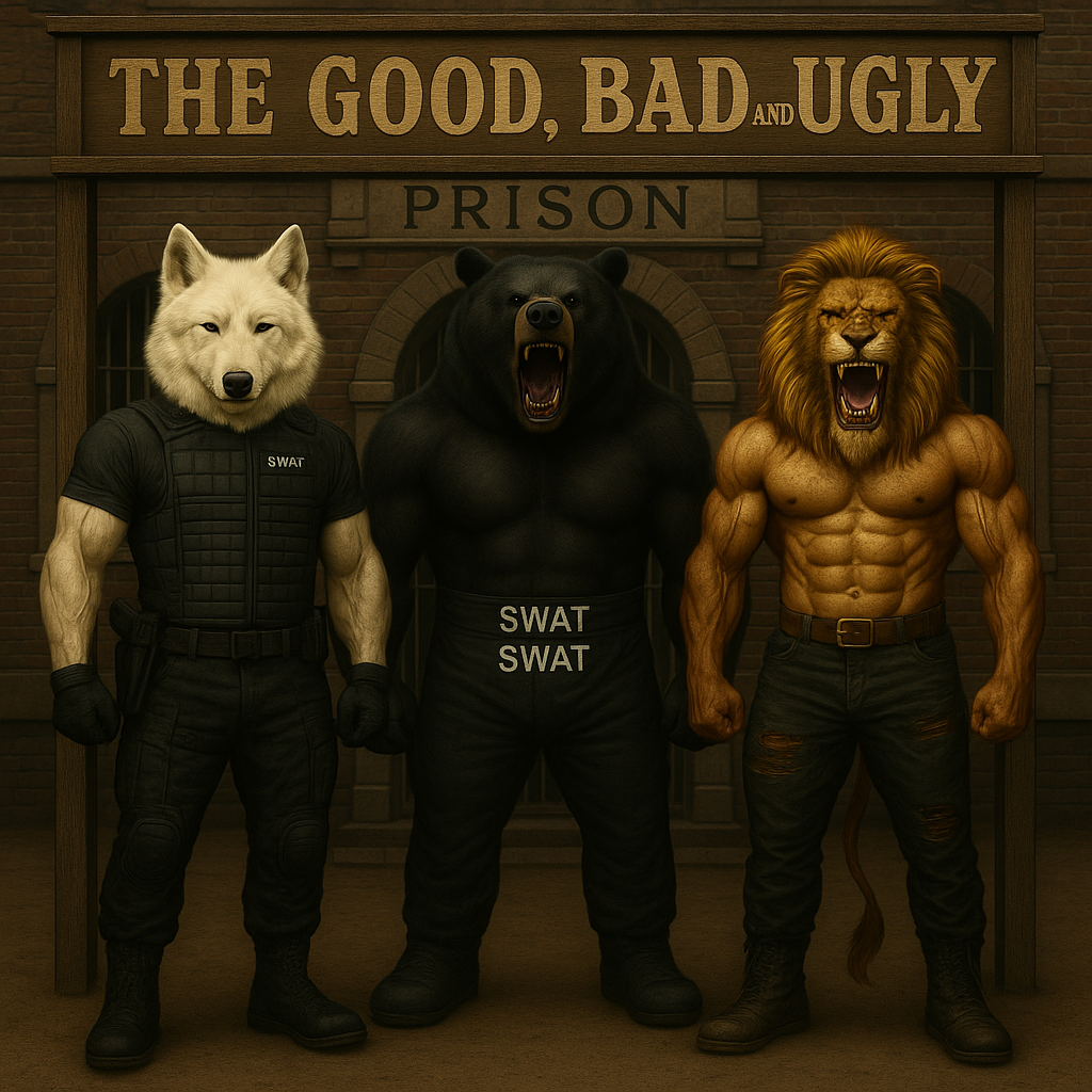 Make them standing in front of a prison under an old sign that says THE GOOD, BAD, an UGLY