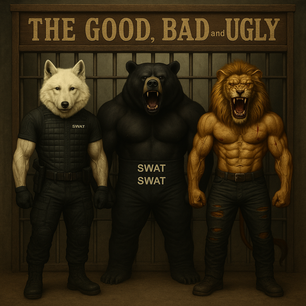 Standing in front of a prison bars with an old prison sign that says THE GOOD, BAD, an UGLY