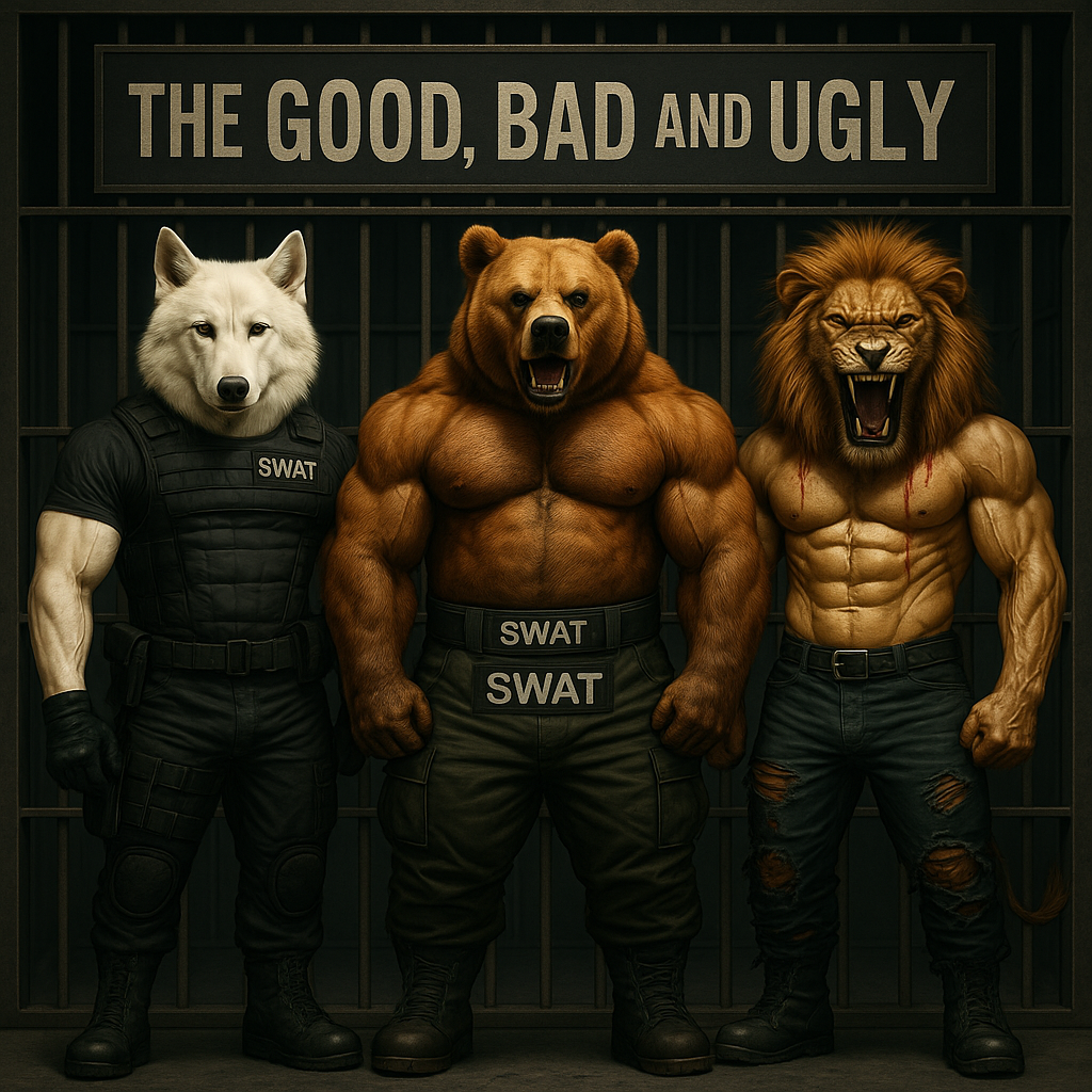 Have the standing in front of prison bars under a black sign with gray letters that say The GOOD, BAD an UGLY