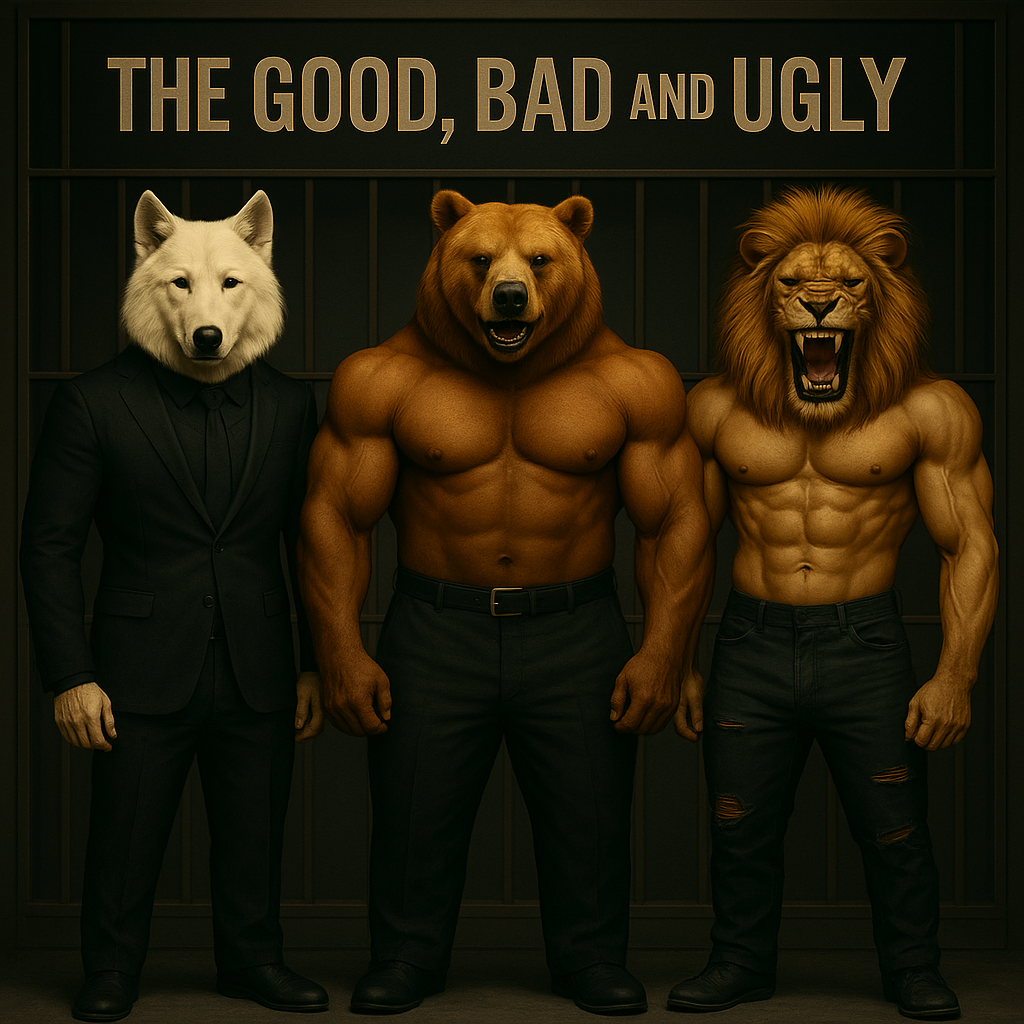 Make the first one have a black suite with no sleeves the second has suit pants and and no shirt the third have torn suite pants and no shirt.