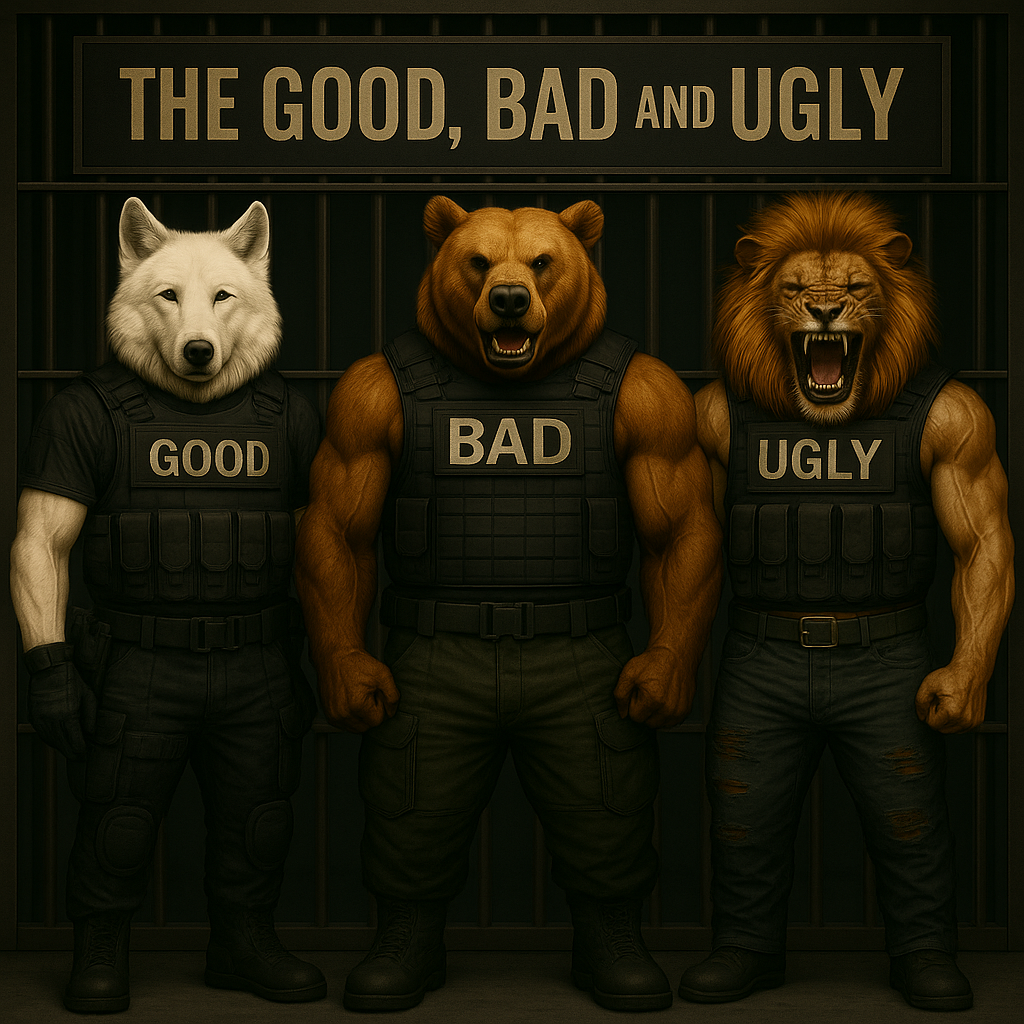 Have the first one wearing a tactical vest that says GOOD, the second a tact vest that says BAD, and the third a tactical vest that says UGLY