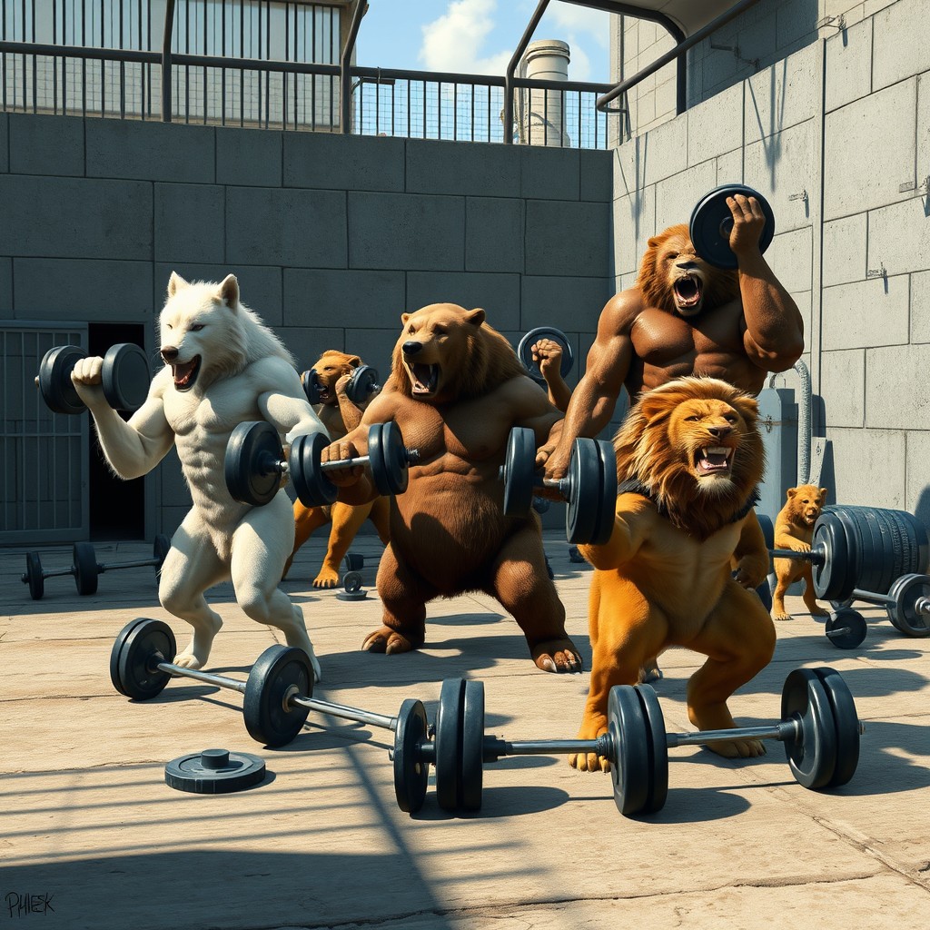 A dynamic and imaginative scene depicting muscular white wolves, powerful brown bears, and strong lions lifting weights in a prison yard