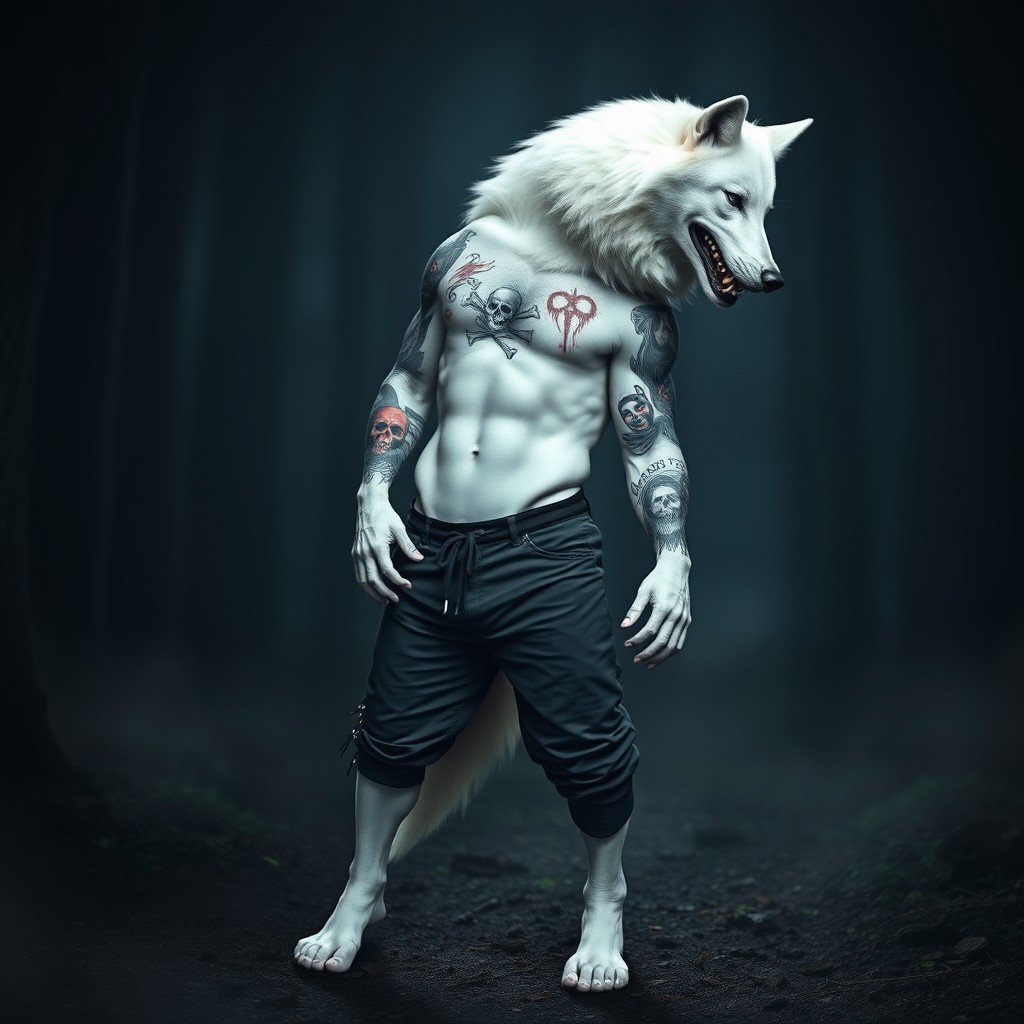 A muscular white wolf standing confidently on its hind legs, wearing stylish black pants that hug its body
