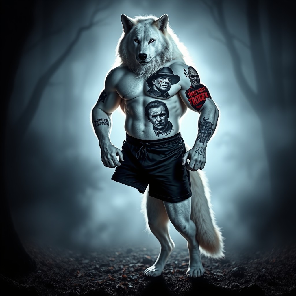 A muscular white wolf standing proudly on its hind legs, wearing sleek black shorts that accentuate its strong physique