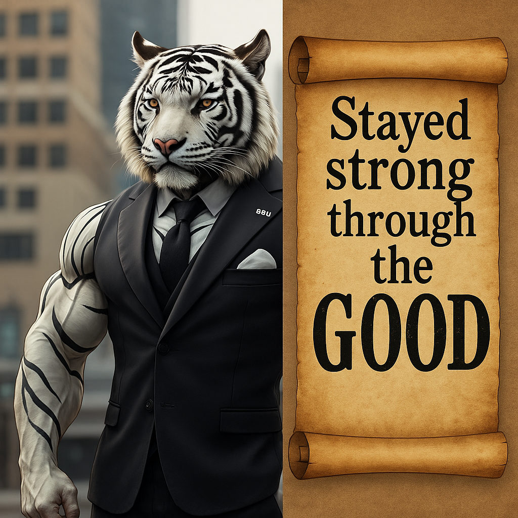 That picture next next to an old fashioned scroll that says stayed strong through the good with good being the biggest word on the scroll