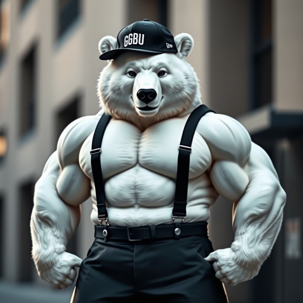 A muscular white bear dressed in stylish black suit pants and black suspenders, wearing a black backwards ball cap featuring the initials 'GBU' prominently displayed on the front