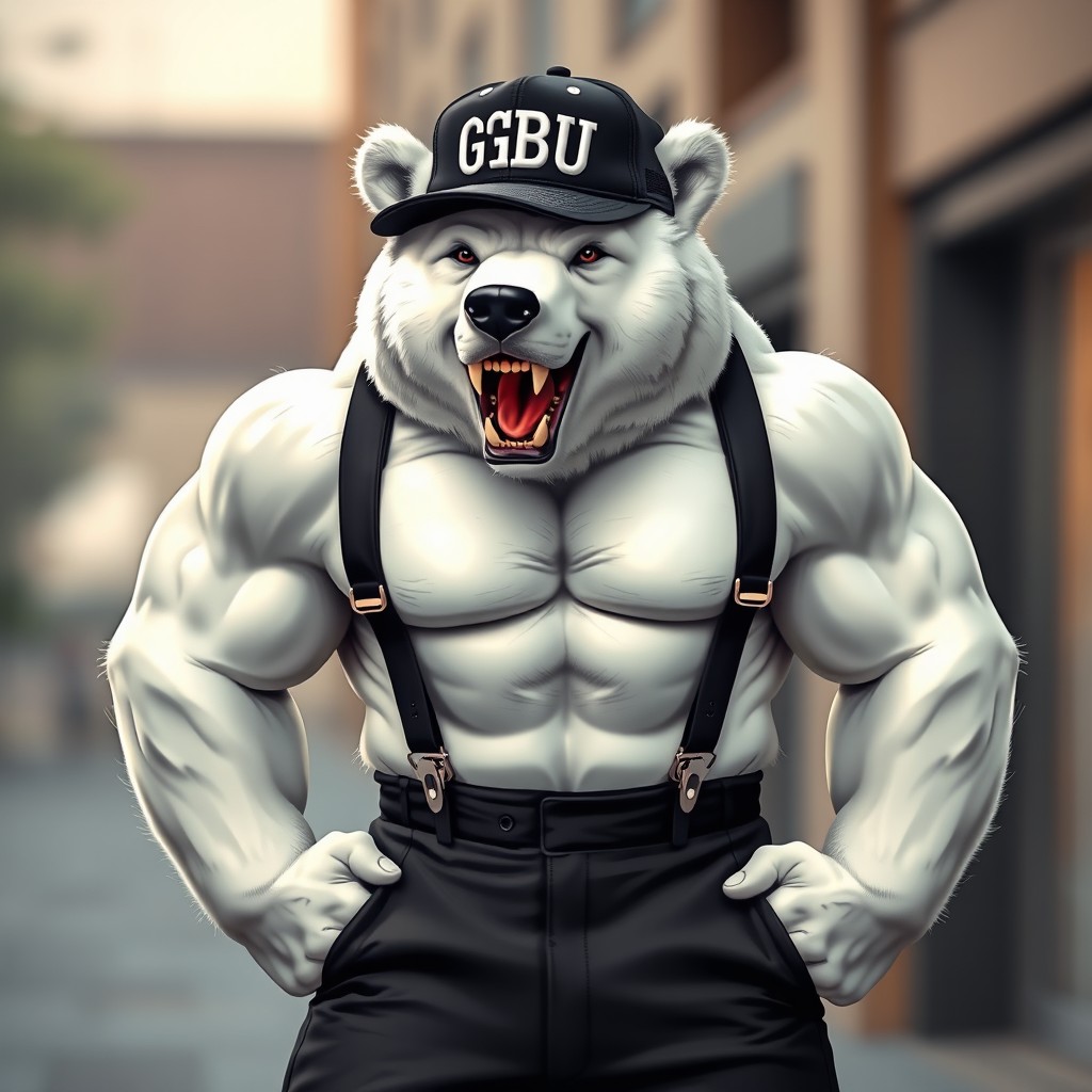 A muscular white bear showing its teeth in a playful yet confident manner, dressed in stylish black suit pants and black suspenders