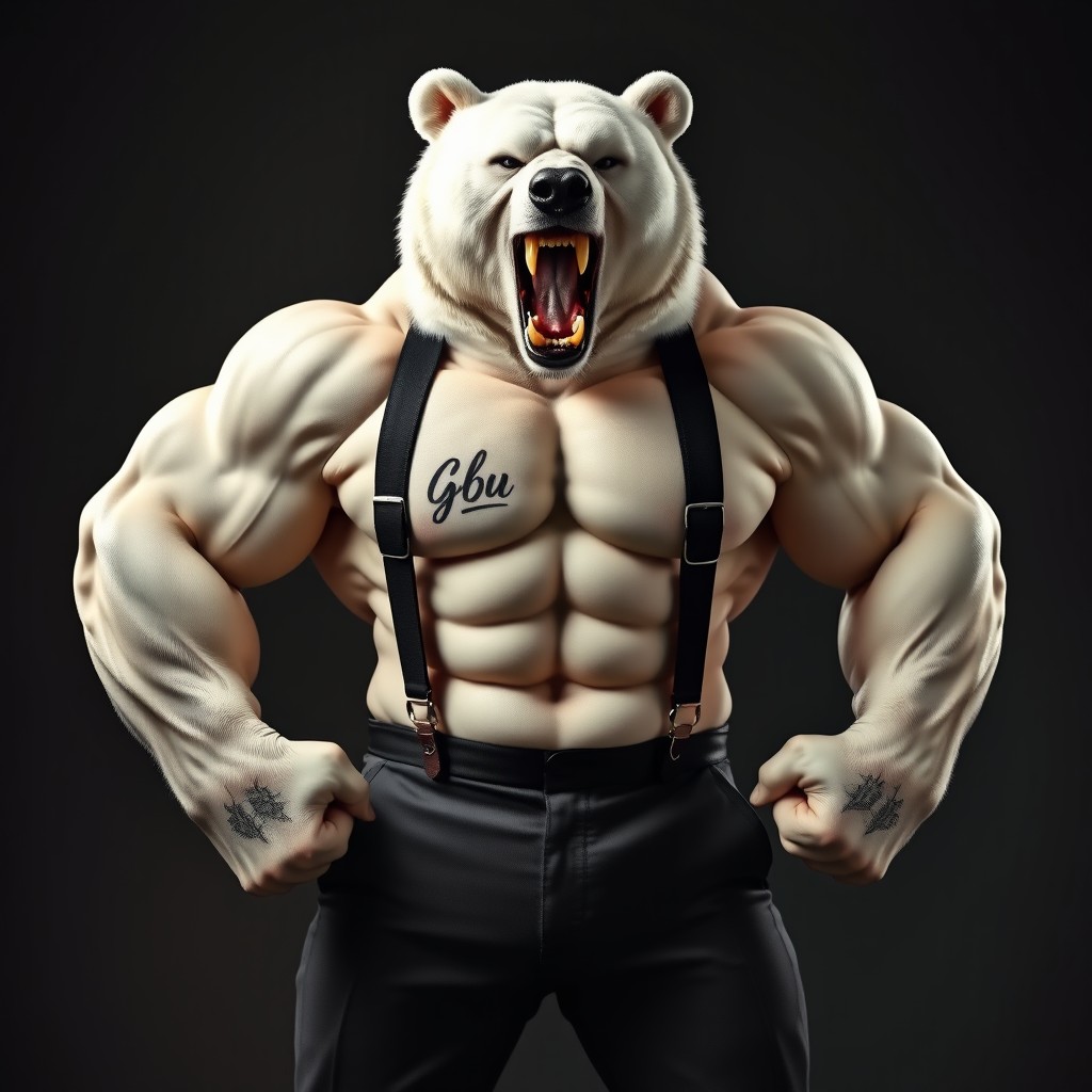 A muscular white bear with a fierce expression, showing its teeth and exuding confidence