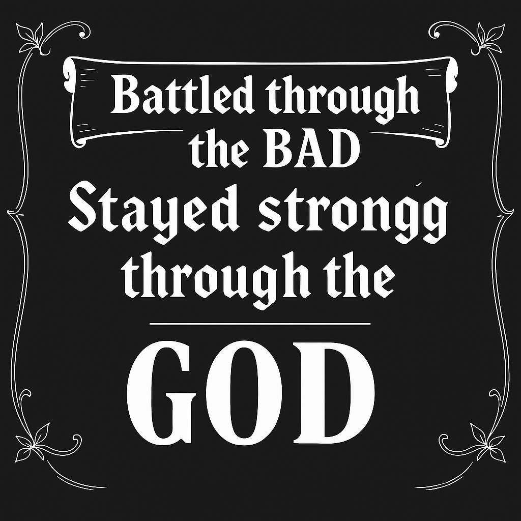 Change the wording on the scroll to battled through the bad with bad being the biggest word on the scroll