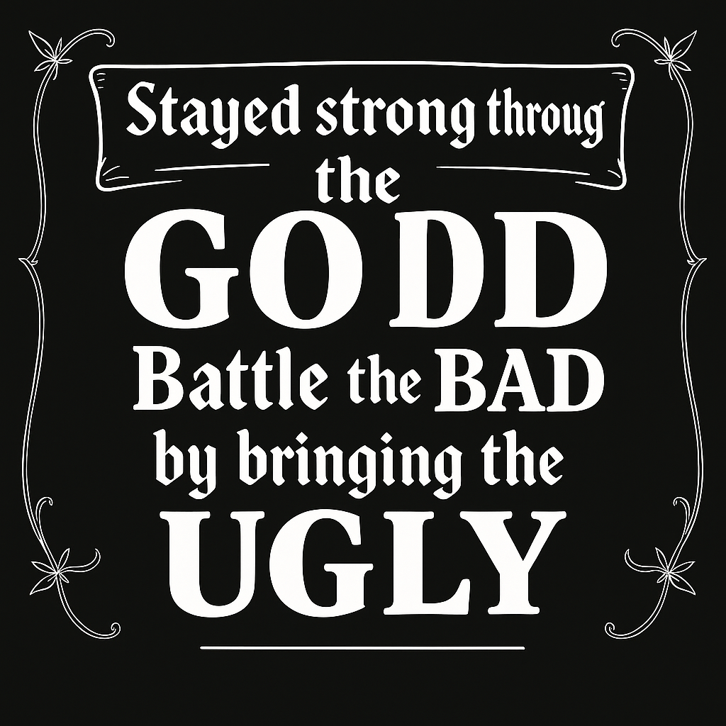 Same type of scroll but it needs to sit say stayed strong through the good battle the bad by bringing the ugly with good bad and ugly being the biggest words on the scroll