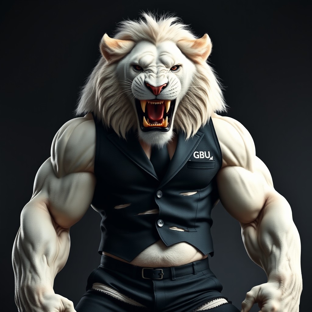 A muscular white lion showing its teeth, wearing black suit pants and a black vest, with the letters 'GBU' stitched onto the pocket