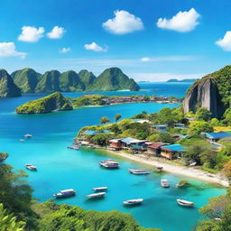 A vibrant and colorful panoramic view of a Filipino landscape, capturing the essence of rural and urban spaces with the bountiful nature, exotic animals and the crystal-clear blue sea, under the clear azure sky.