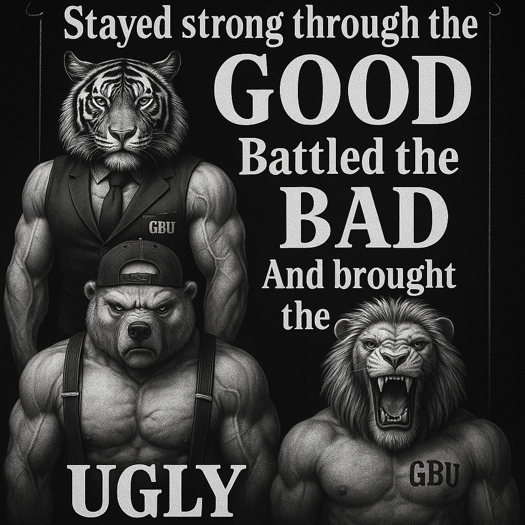 Make it all black and white, put the bears hat on backwards with GBU on the back facing forward, make the bear look meaner. Take the lions shirt off and put GBU tattooed on his chest. Put GBU on tiger chest pocket