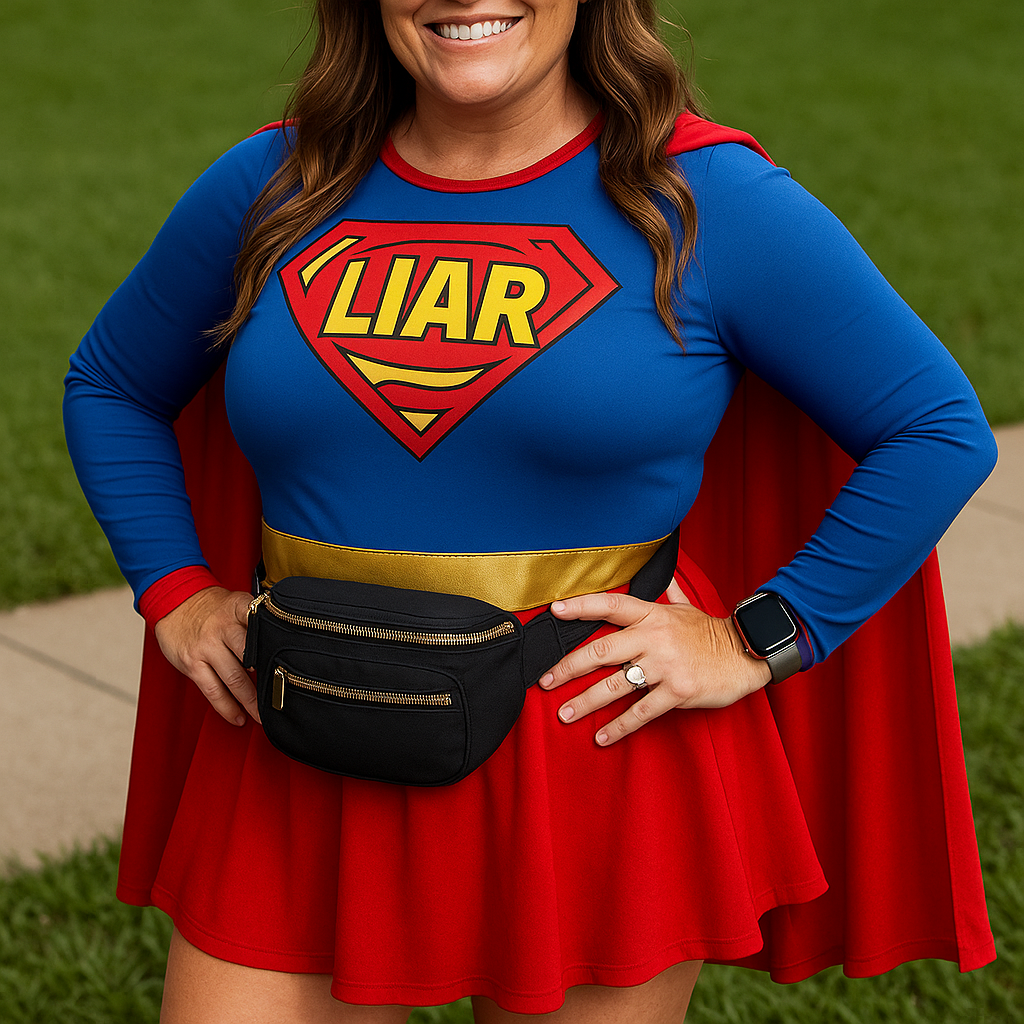 Wearing a superhero costume that says super liar