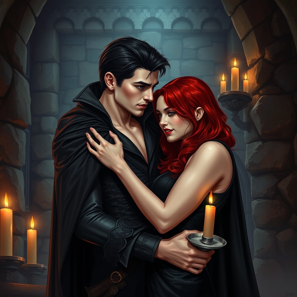 A handsome young male vampire with muscular build, pale skin, and black hair, dressed in a dramatic black cape, is embracing a beautiful female vampire with striking red hair