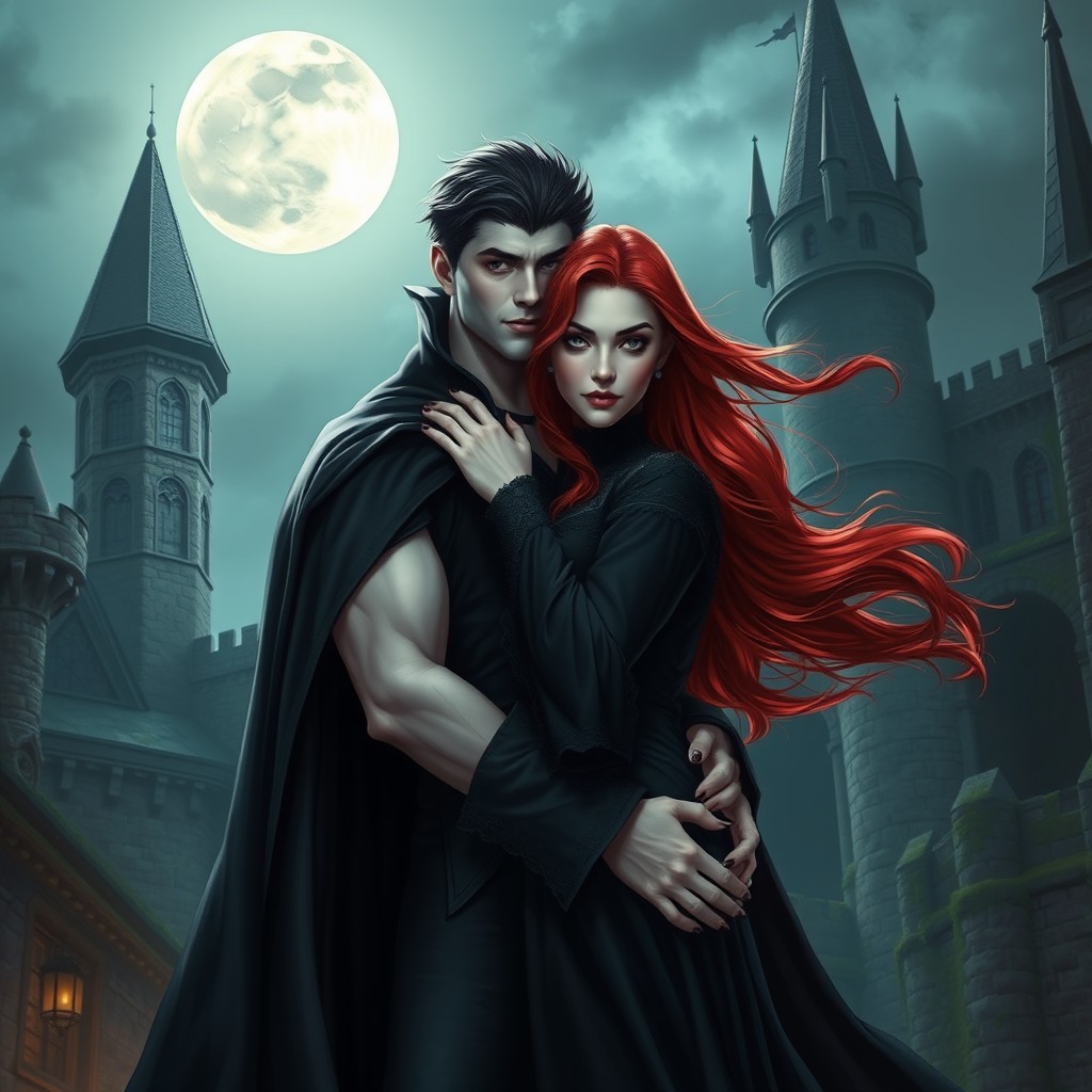 A handsome young male vampire with a muscular build, pale skin, and black hair, dressed in a dramatic black cape, is hugging a stunning female vampire with flowing red hair