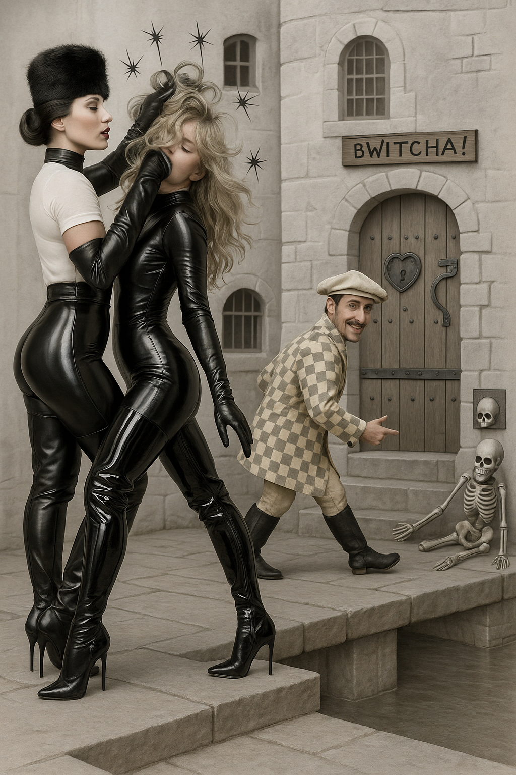 A lively scene featuring two real human models dressed in stylish outfits that include thigh-high boots and long opera gloves