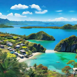 A vibrant and colorful panoramic view of a Filipino landscape, capturing the essence of rural and urban spaces with the bountiful nature, exotic animals and the crystal-clear blue sea, under the clear azure sky.