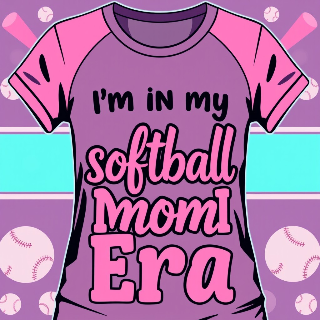 A vibrant and stylish women's softball shirt featuring the phrase 'I'm in my softball mom era' in playful, bold typography