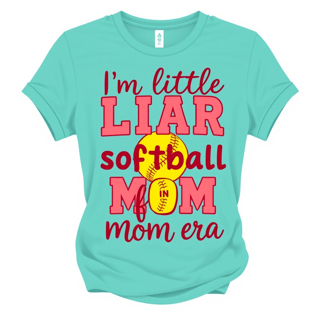 A trendy women's softball shirt showcasing the phrase 'I'm a little liar that's in my softball mom era' in a fun and playful font