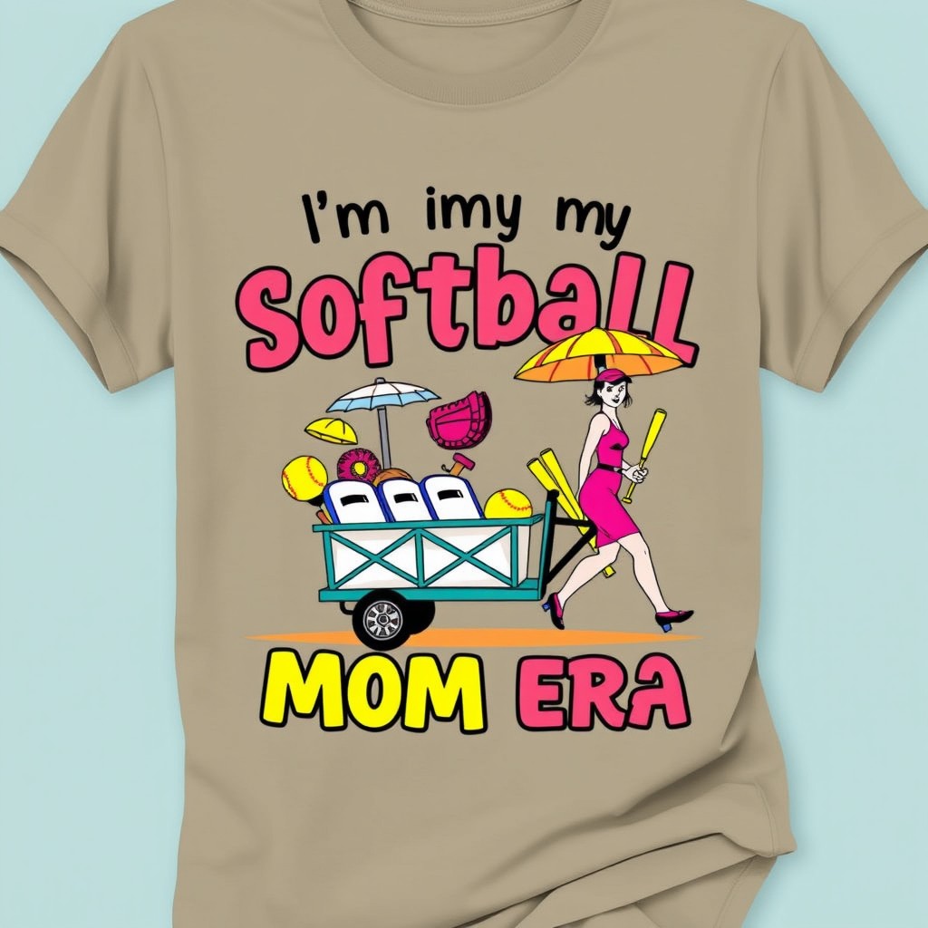 A vibrant and eye-catching shirt featuring the phrase 'I'm in my softball mom era' prominently displayed in playful, stylish typography