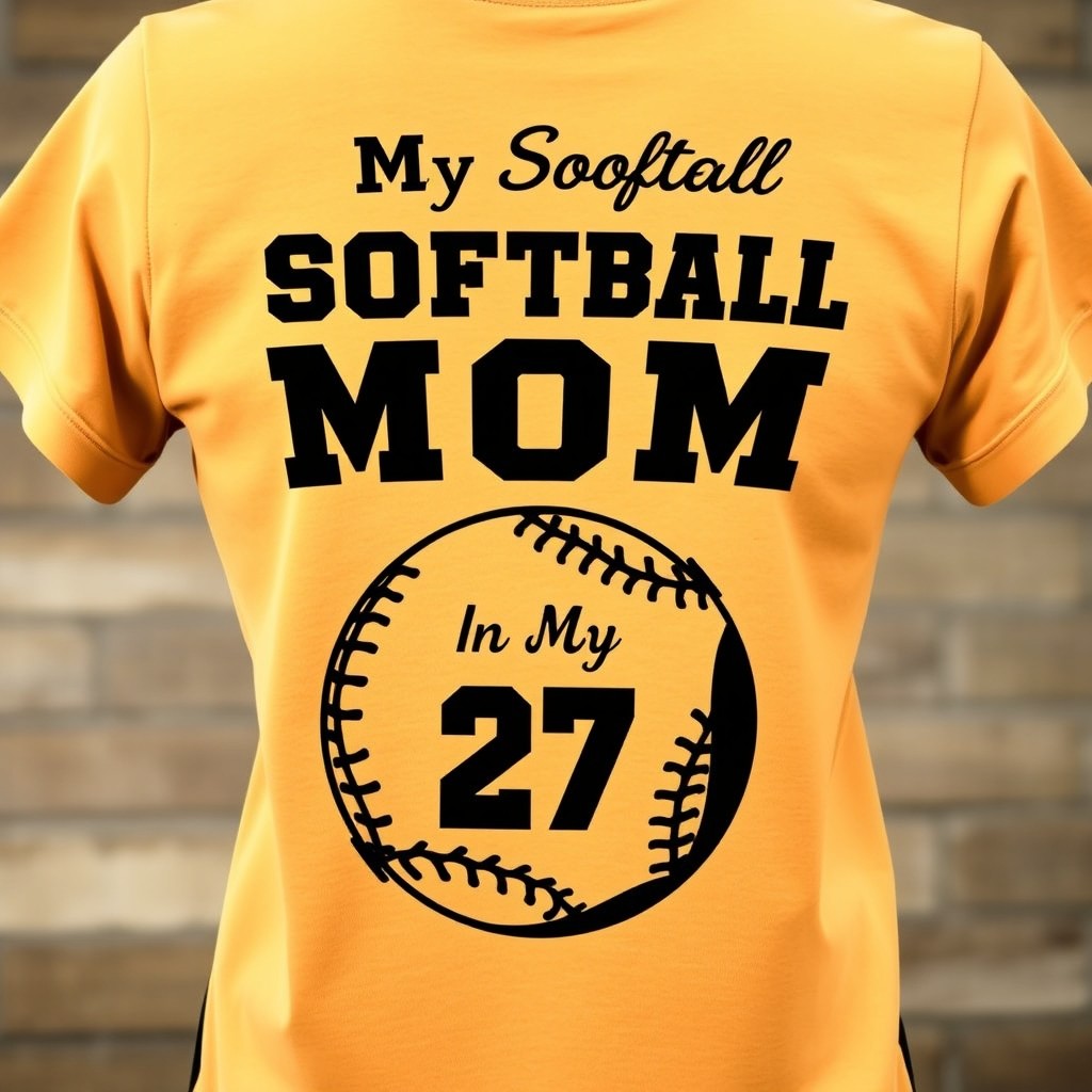A stylish tan softball shirt designed for mothers, featuring the phrase 'In My Softball Mom Era' in bold black lettering on the back
