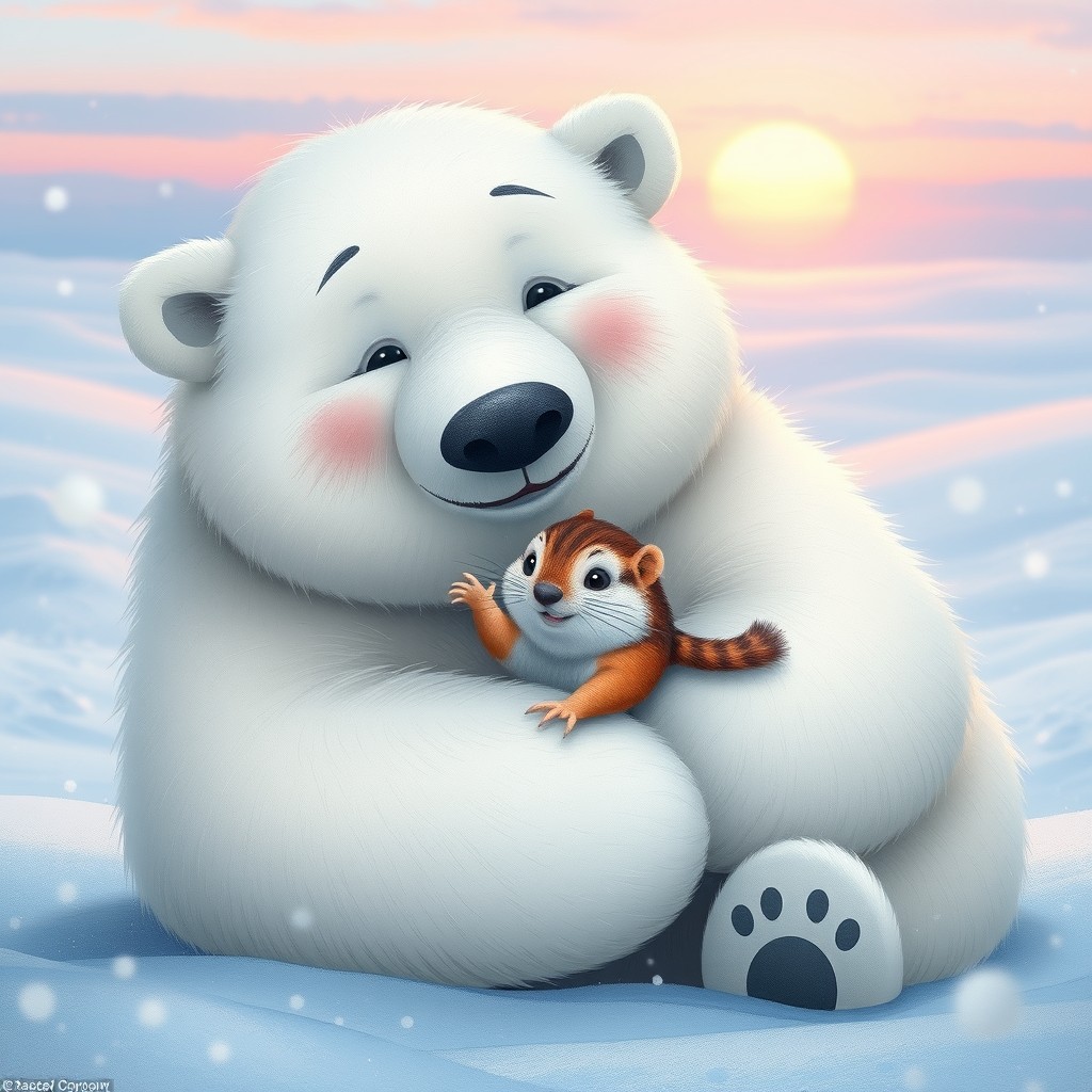 A heartwarming scene featuring a large, fluffy polar bear gently hugging a tiny chipmunk, surrounded by a snowy landscape with soft falling snowflakes