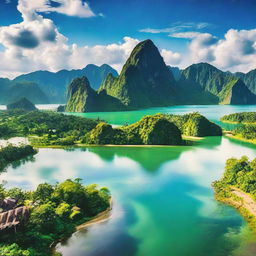 A beautiful panoramic view of the Philippines capturing its lush tropical forests, vibrant cities, pristine beaches, and majestic mountains in a daytime setting.