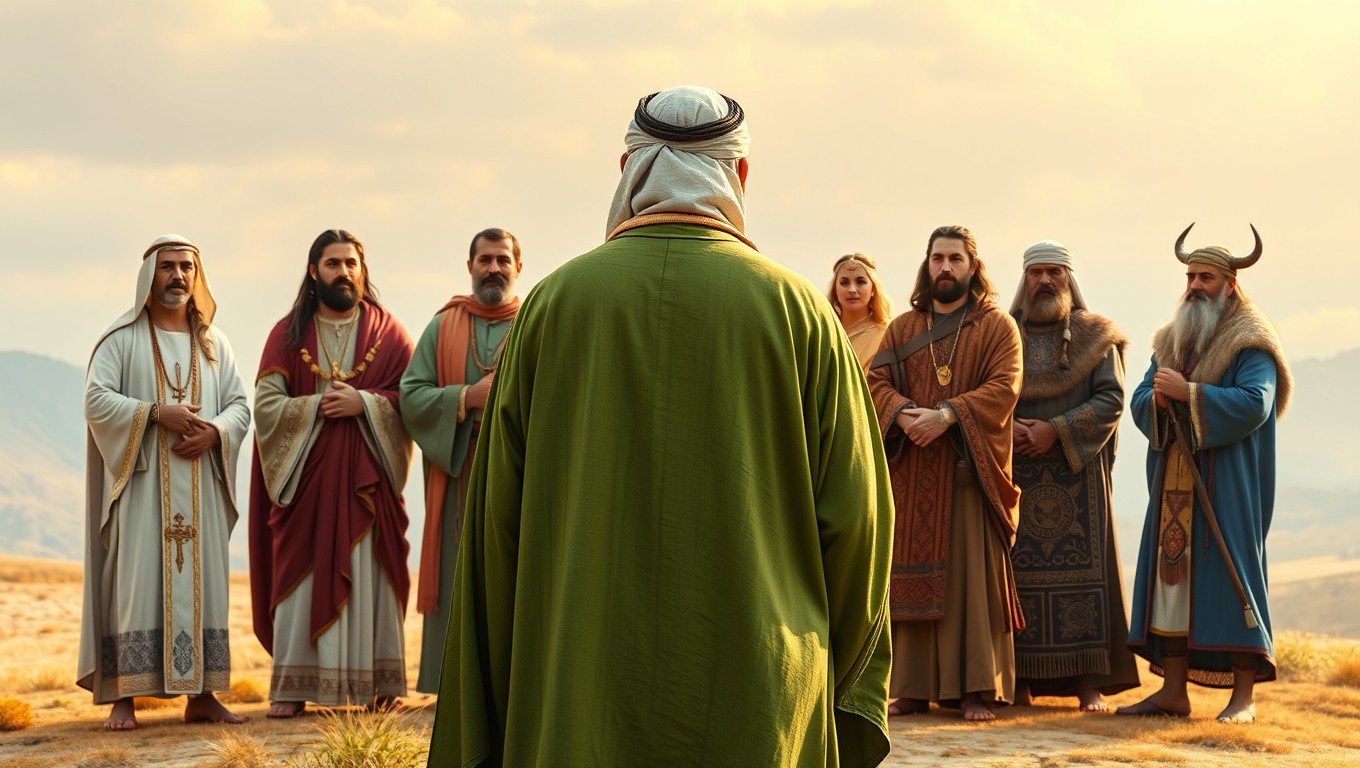 An Arab man from the seventh century dressed in a flowing green robe, facing away from the viewer with a solemn expression