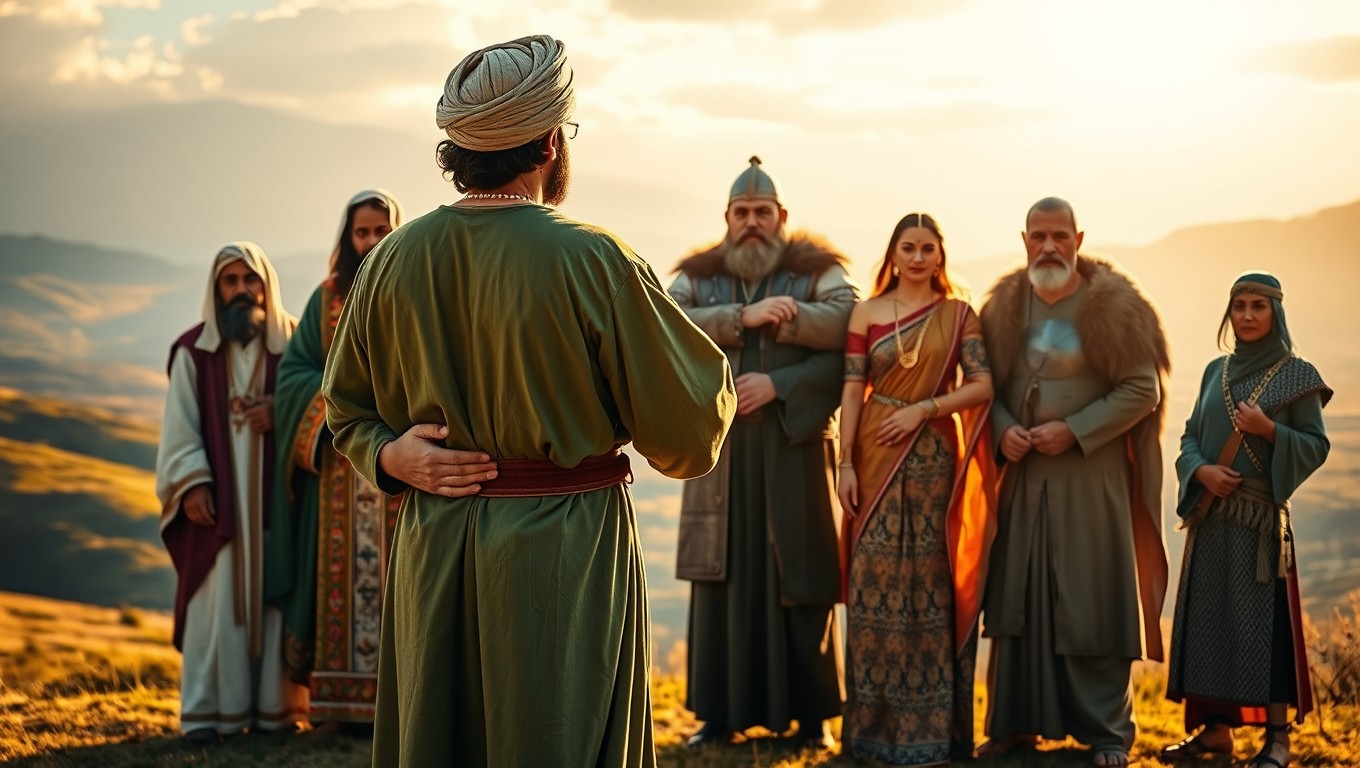 An Arab man from the seventh century, dressed in a flowing green robe and wearing a traditional turban, is facing away from the viewer with a contemplative stance